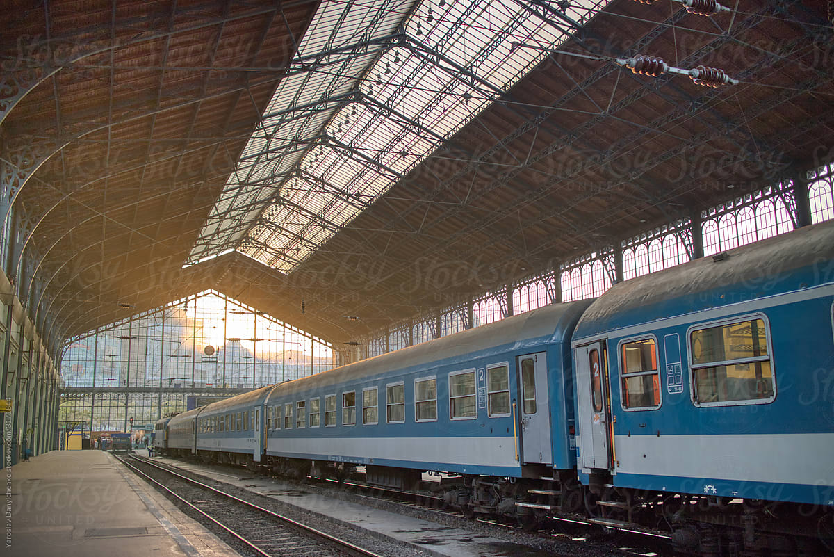View of Budapest Railway Station with cars of train, Hungay.