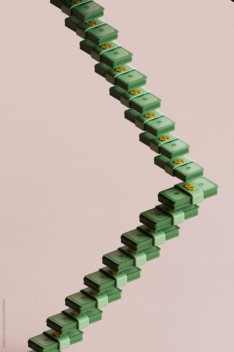 3D Render of Stylized Currency Stacks in Ascending Diagonal Line