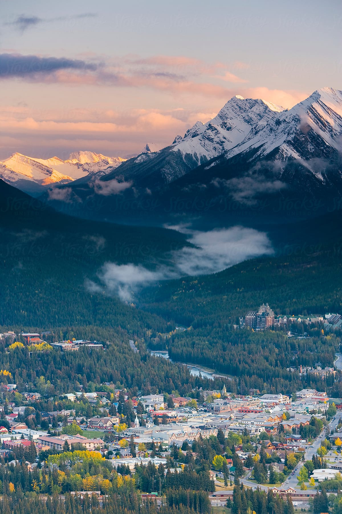 Elevated view of Banff townsite, Rocky mountains, Banff National Park, Alberta, Canada, North America