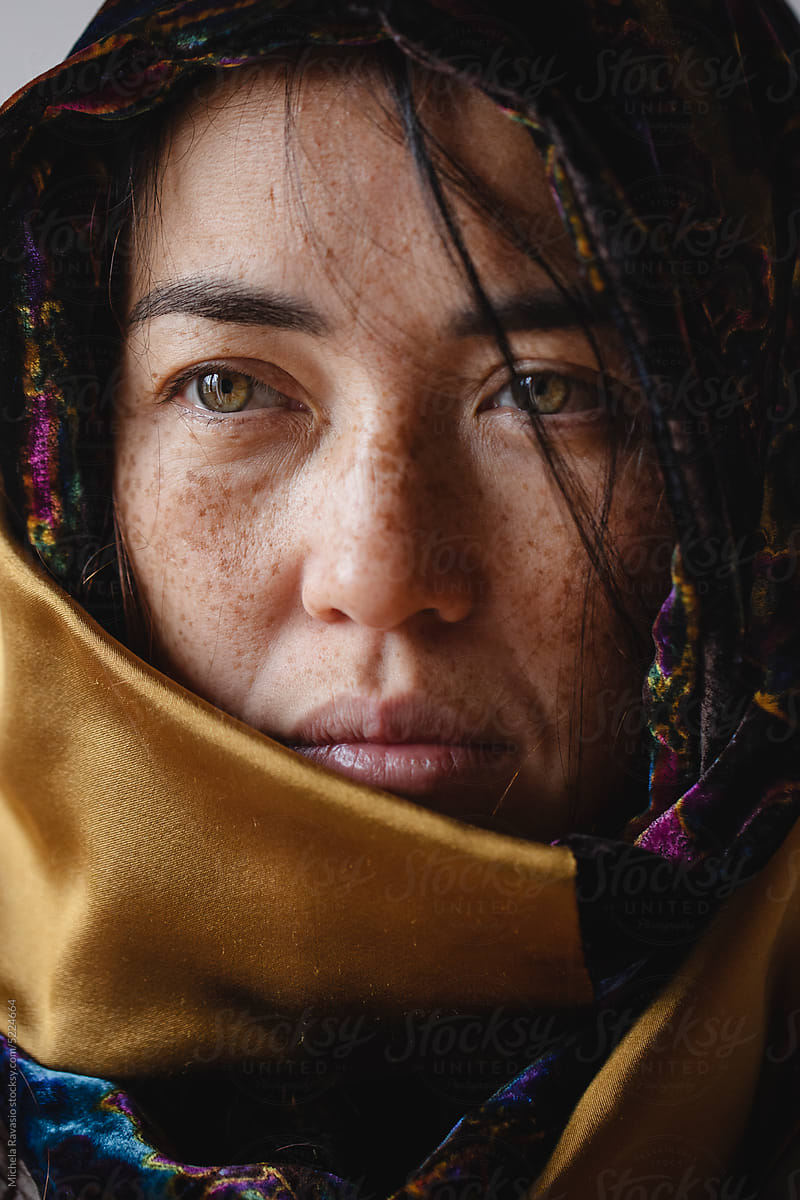 Portrait of a Kazakh woman with scarf