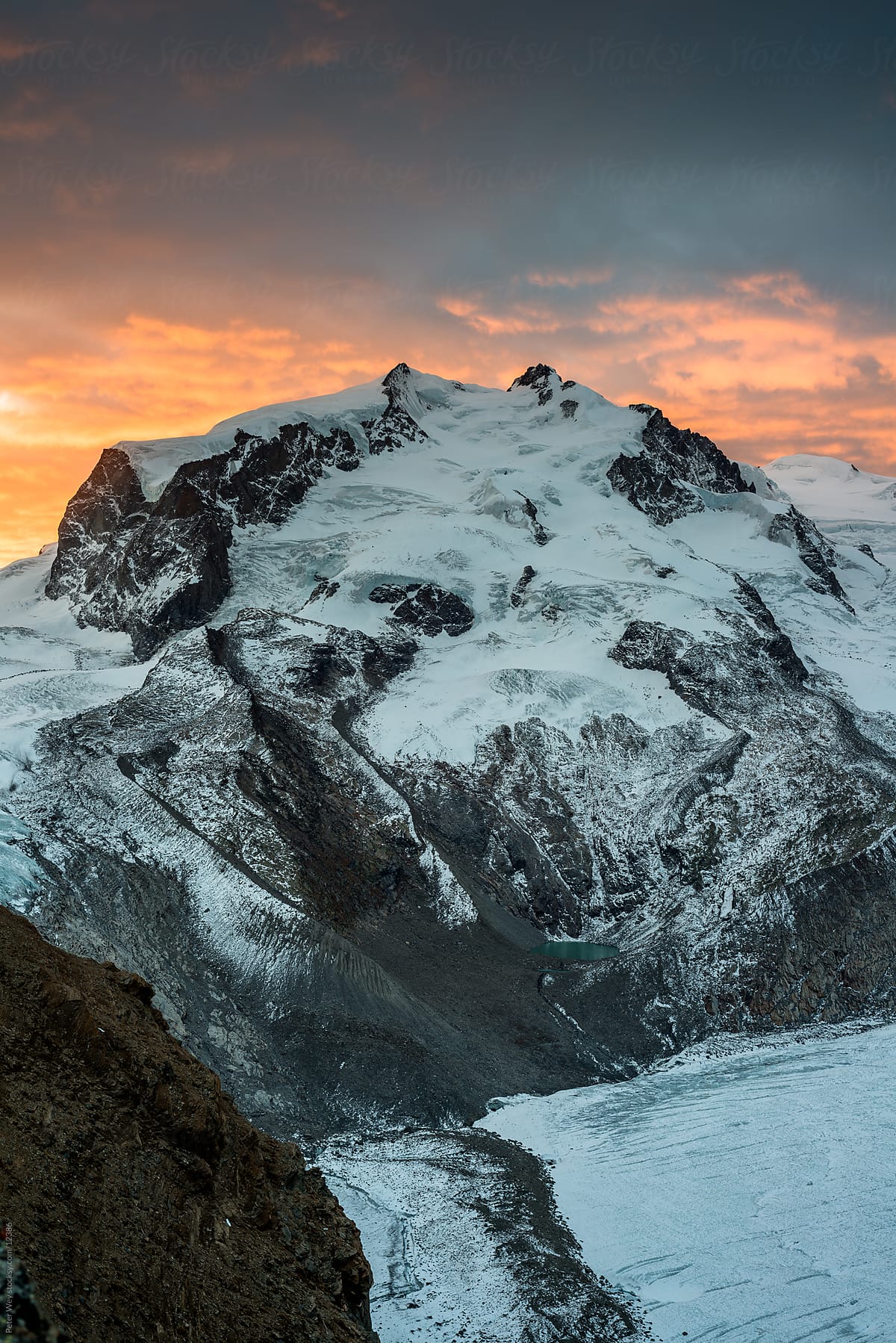Mountains of Switzerland, Zermatt, Gornergrat: Monte Rosa at sunrise