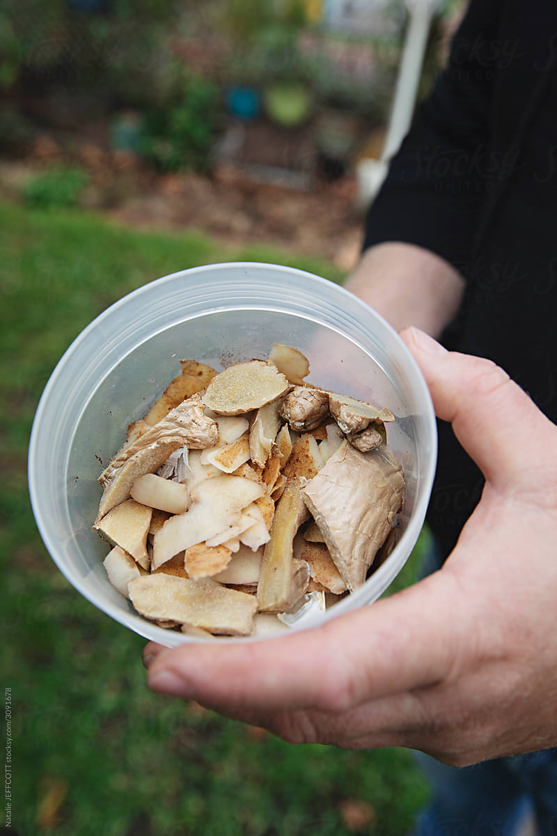 Middle age man hold container of food scraps for compost bin