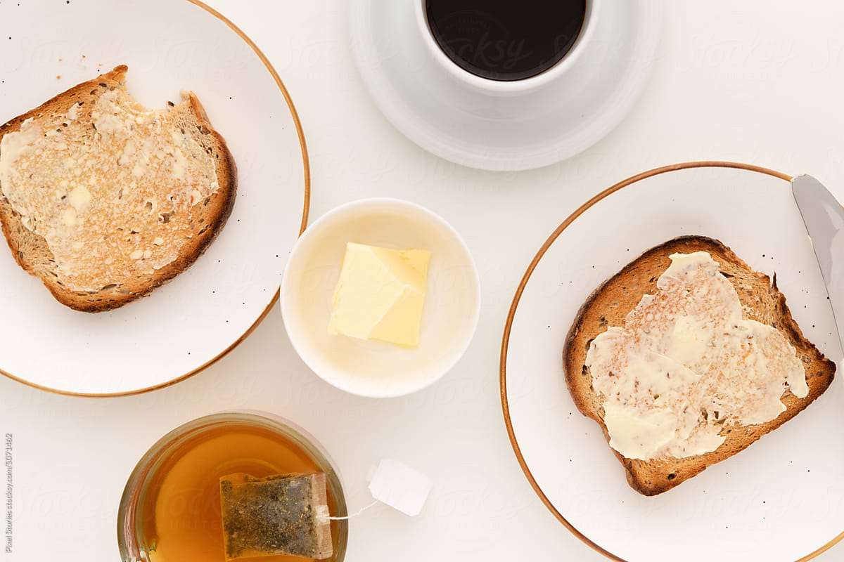 Food: Breakfast with toasts, butter, coffee and tea