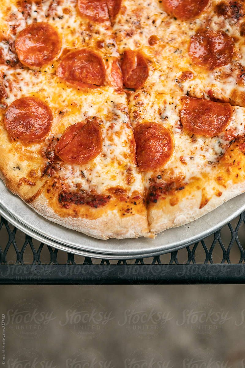 Dining: Overhead Of Pepperoni Pizza On Tray