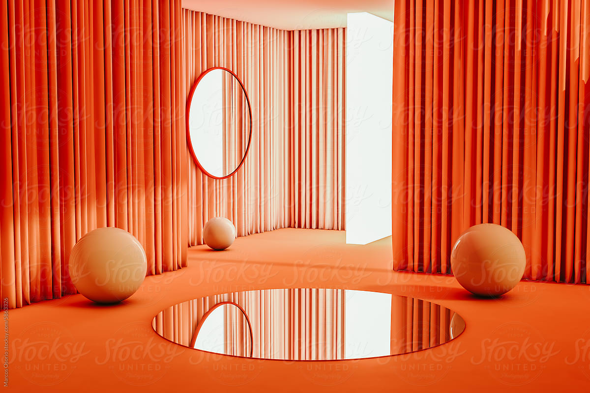Orange Room With Round Mirrors and Balls on Floor