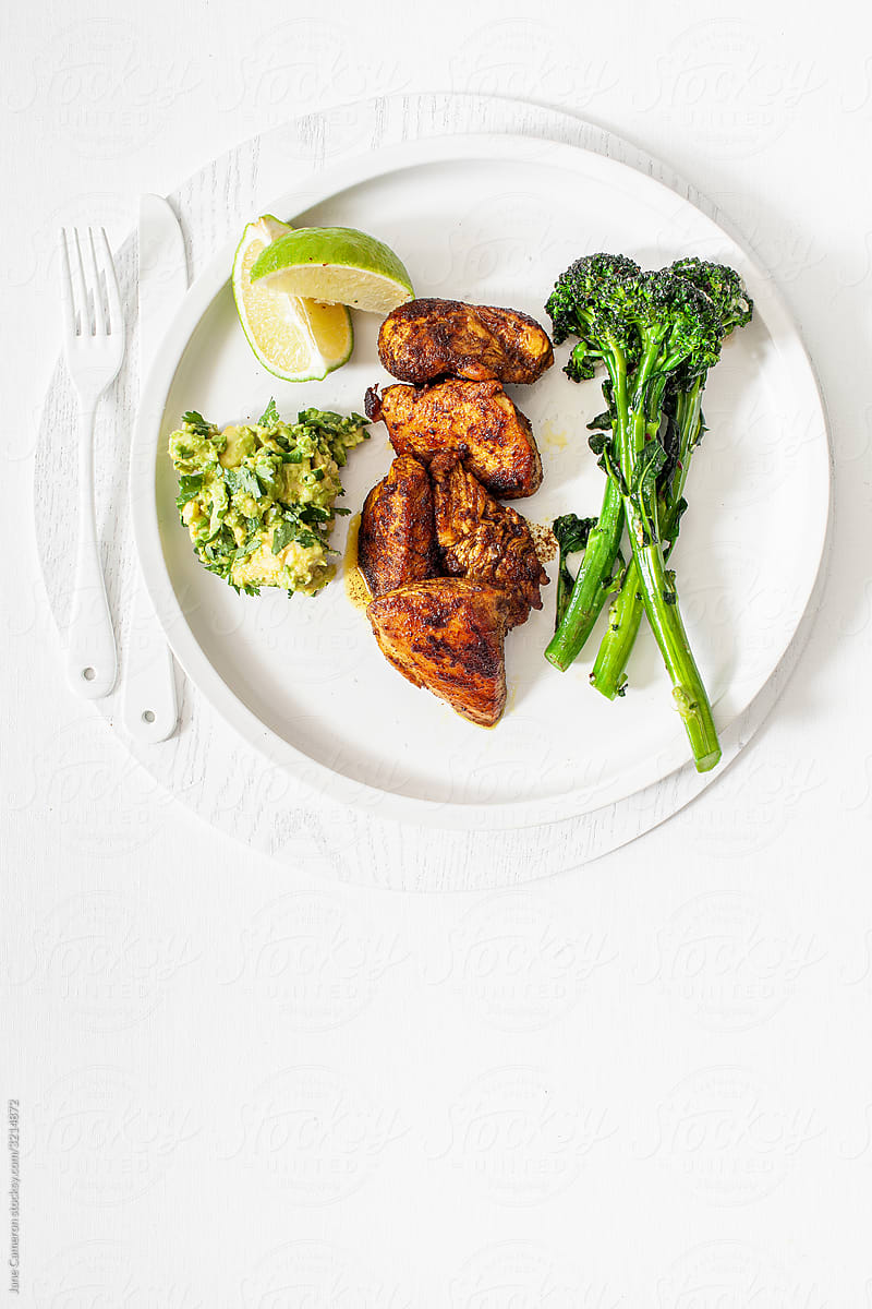 Spicy Chicken with Broccolini and Guacamole