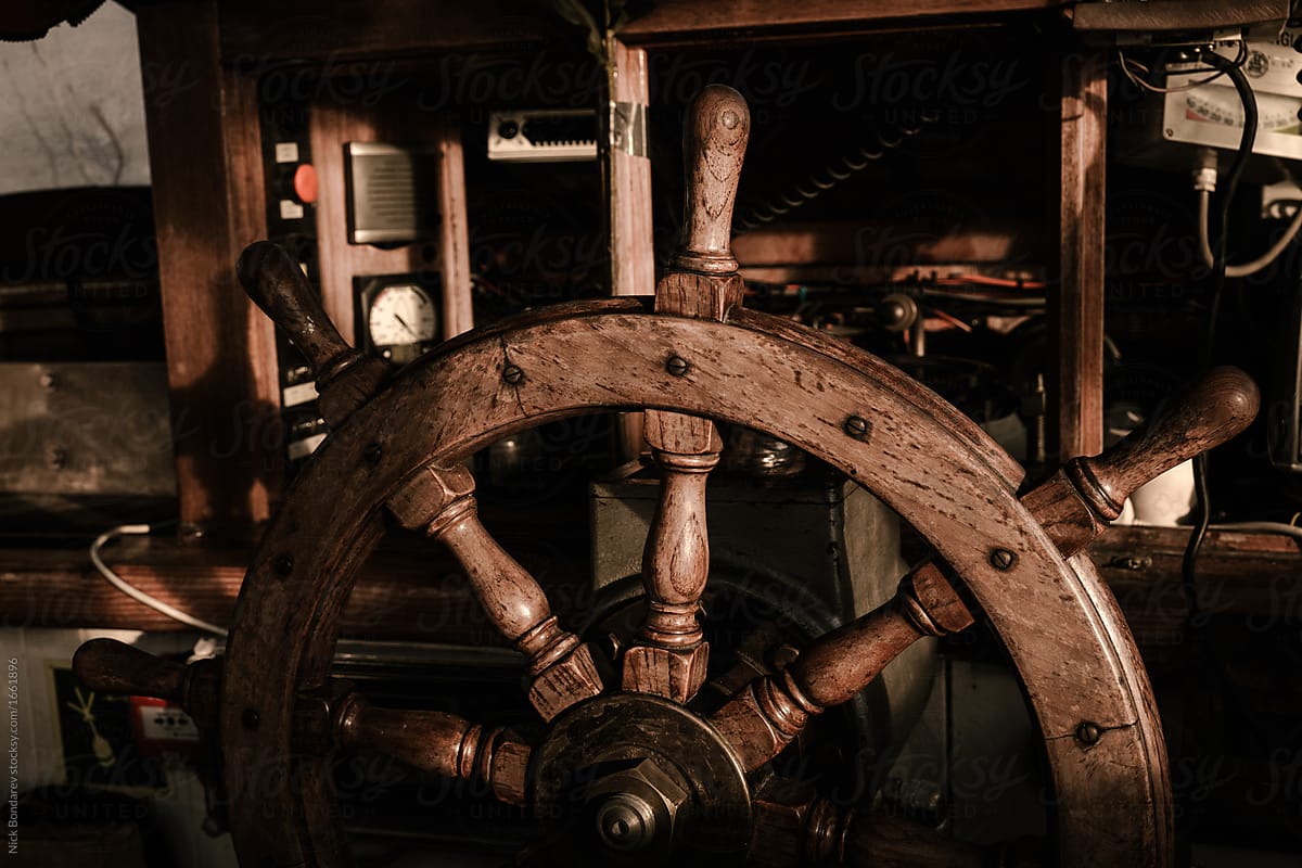 Wooden Steering Wheel Interior Of The Captain S Cabin Of A