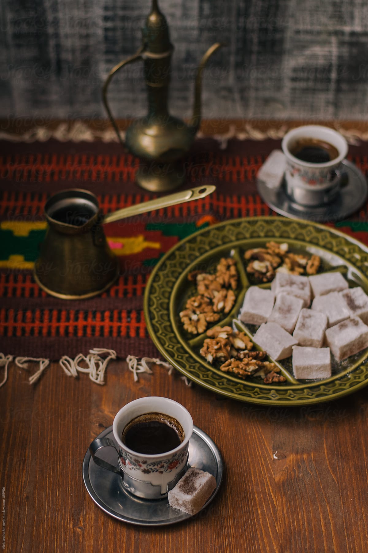 Oriental black coffee with turkish delight on the table