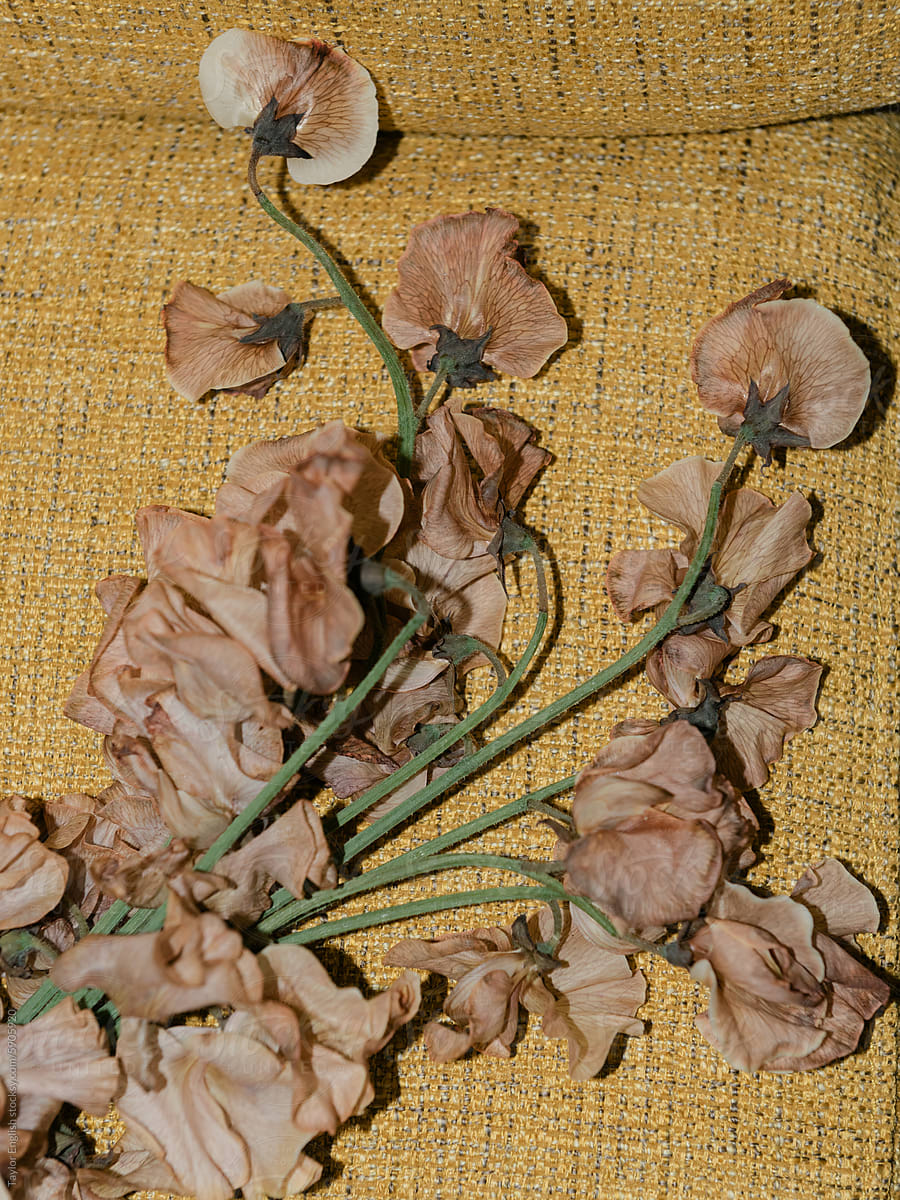 Dusty rose-colored floral bouquet on yellow fabric
