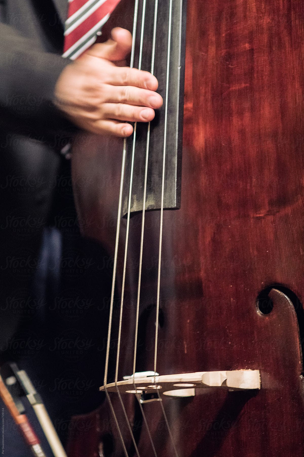 Closeup of musicians hand playing the double bass