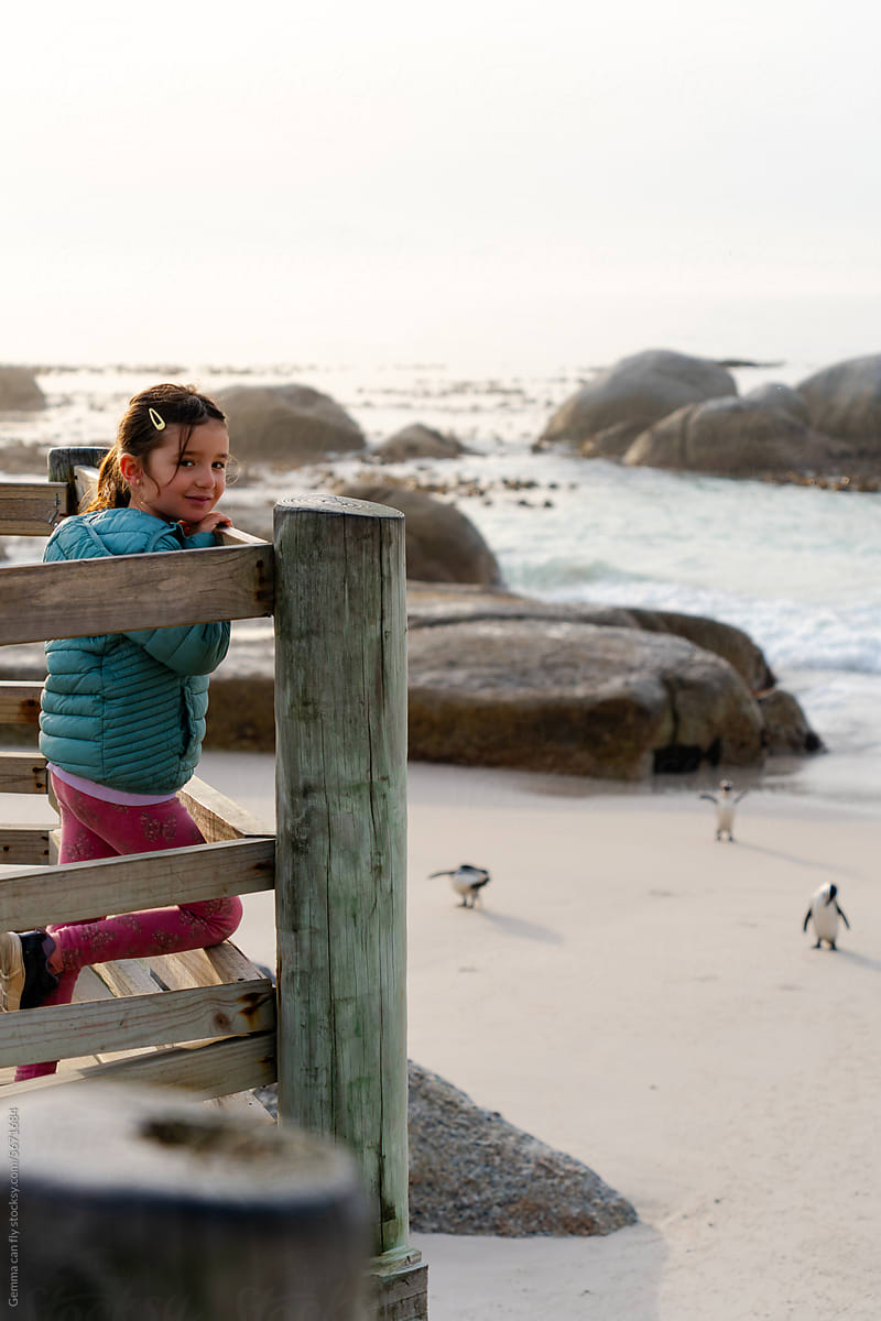 Little girl observing penguins. Travel to South Africa