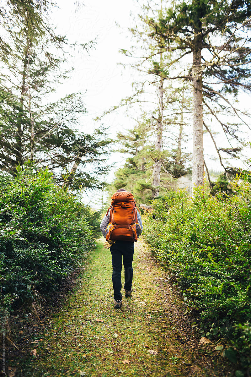 Man Wearing Large Orange Backpacking Backpack Hiking Along Grassy Forest Path