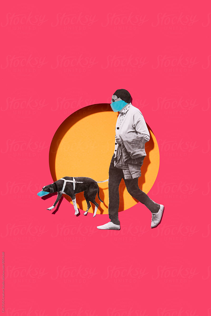 Man walking with his dog wearing a mask for prevention a virus