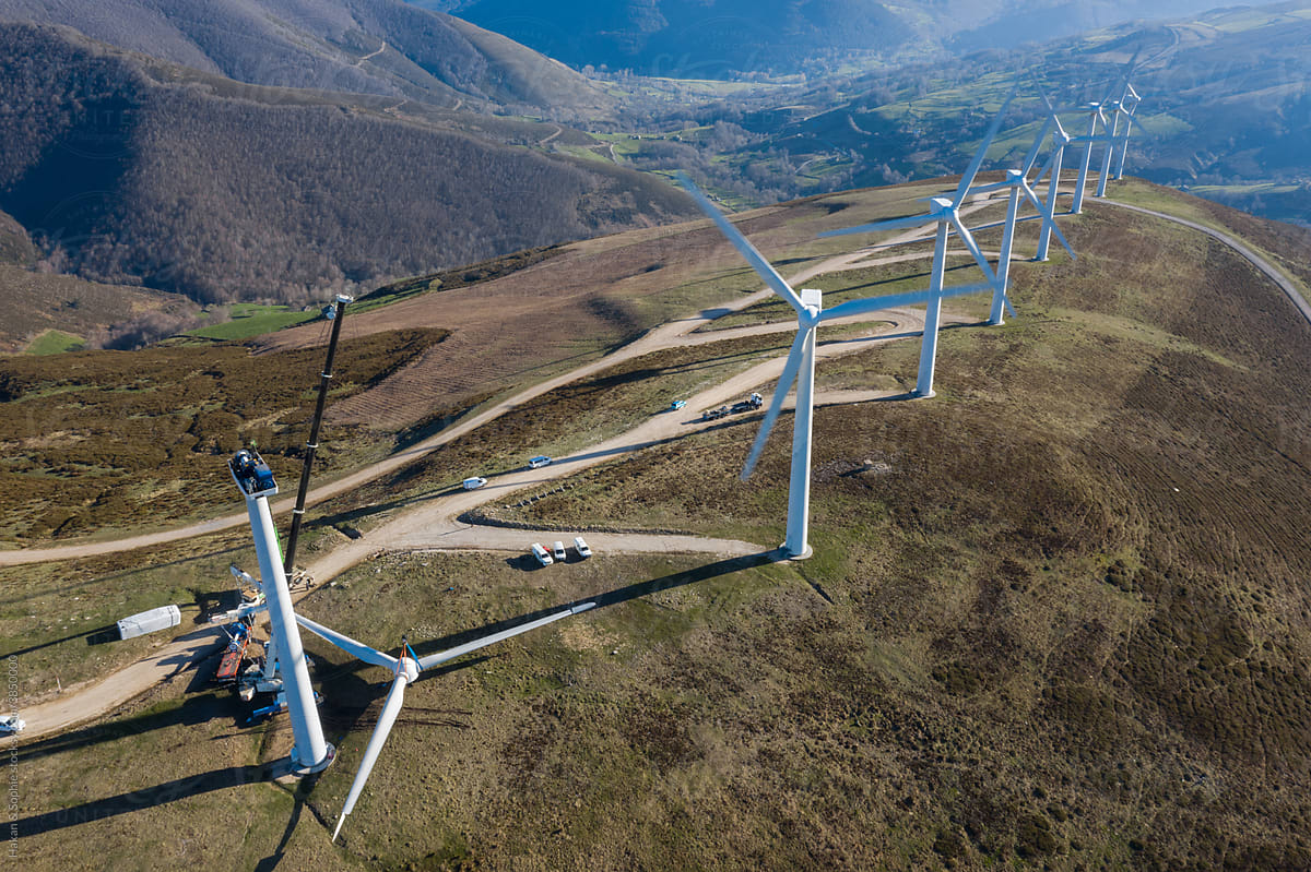 maintenance on a wind farm in the mountains