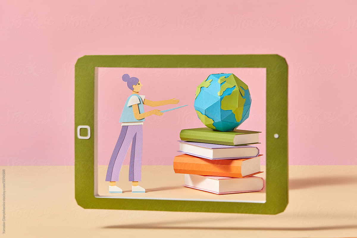 Papercraft teacher with books and globe on a screen.