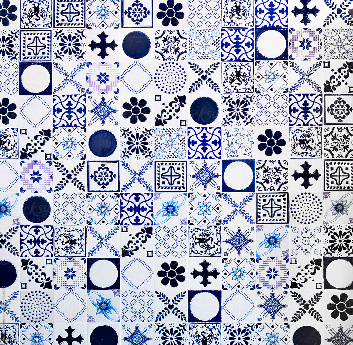 Blue And White Patterned Tiles By Angela Lumsden