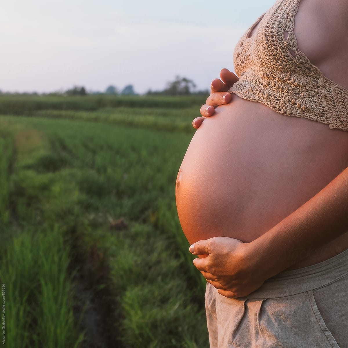 Pregnant Woman Holding Her Belly Outside At Sunset In A Green Field By