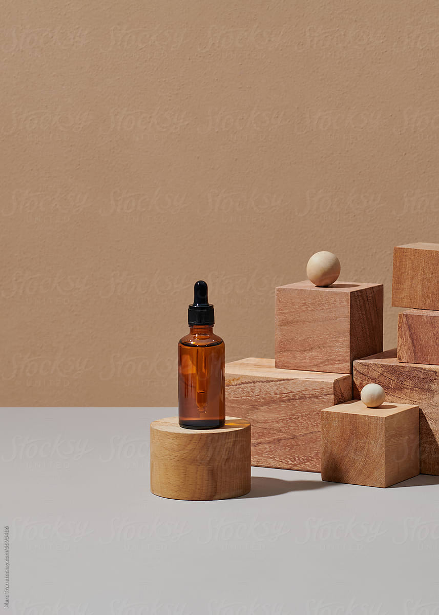 Set of bottles for medical products and wooden cubes