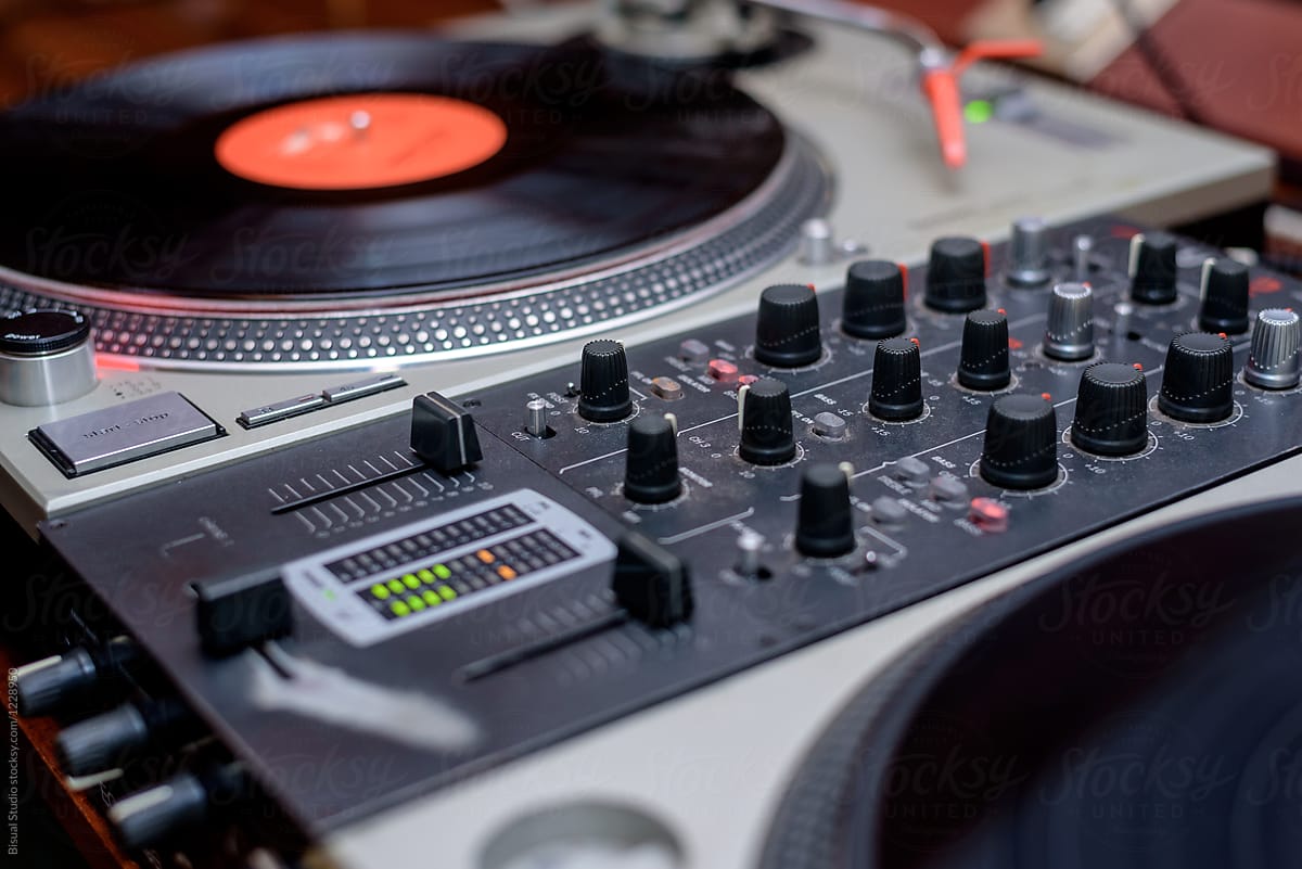 Close up of a Dj equipment playing record