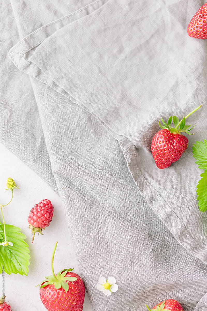 Freshly picked strawberries and tayberries on linen with strawbe