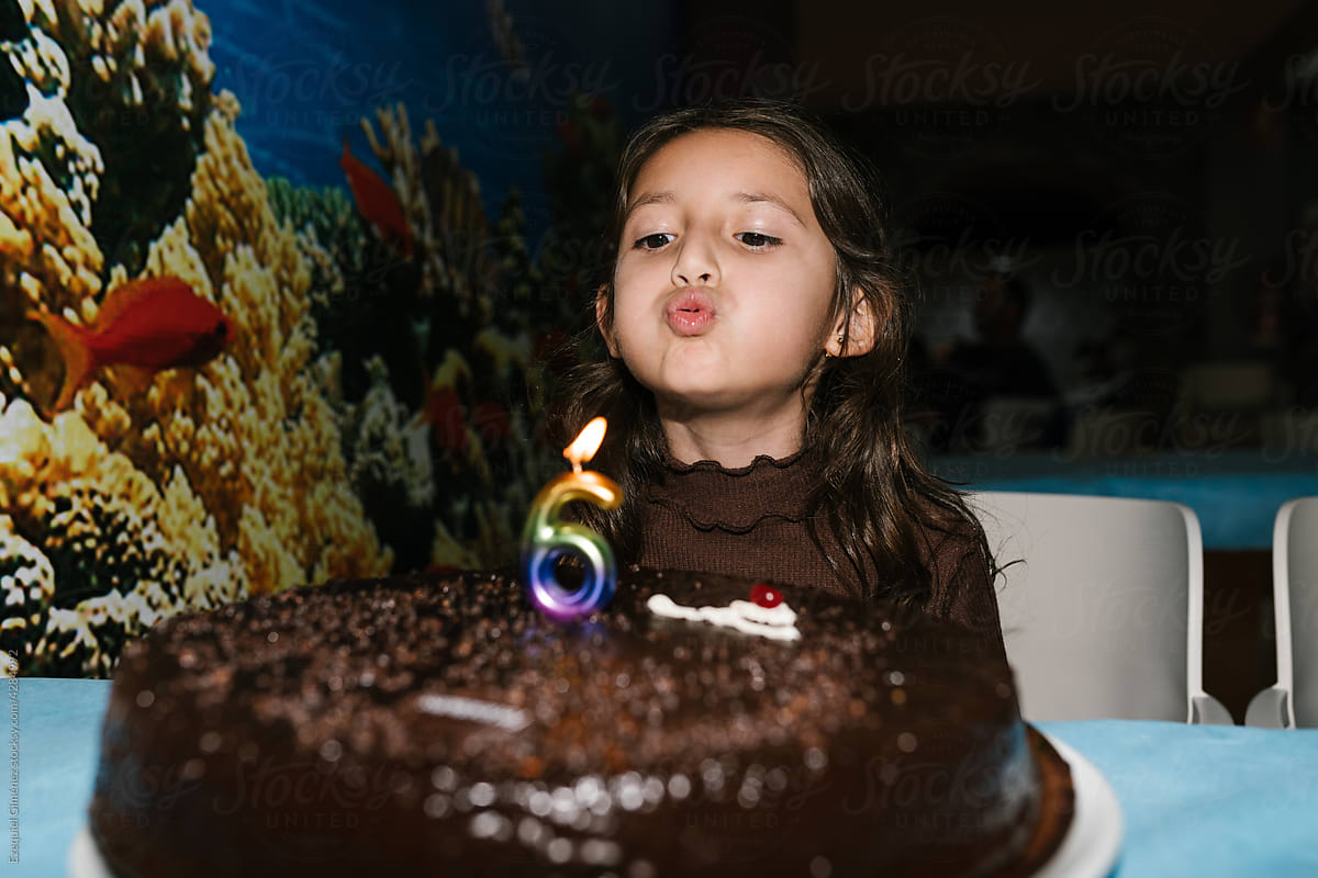 Adorable child blowing out birthday candle