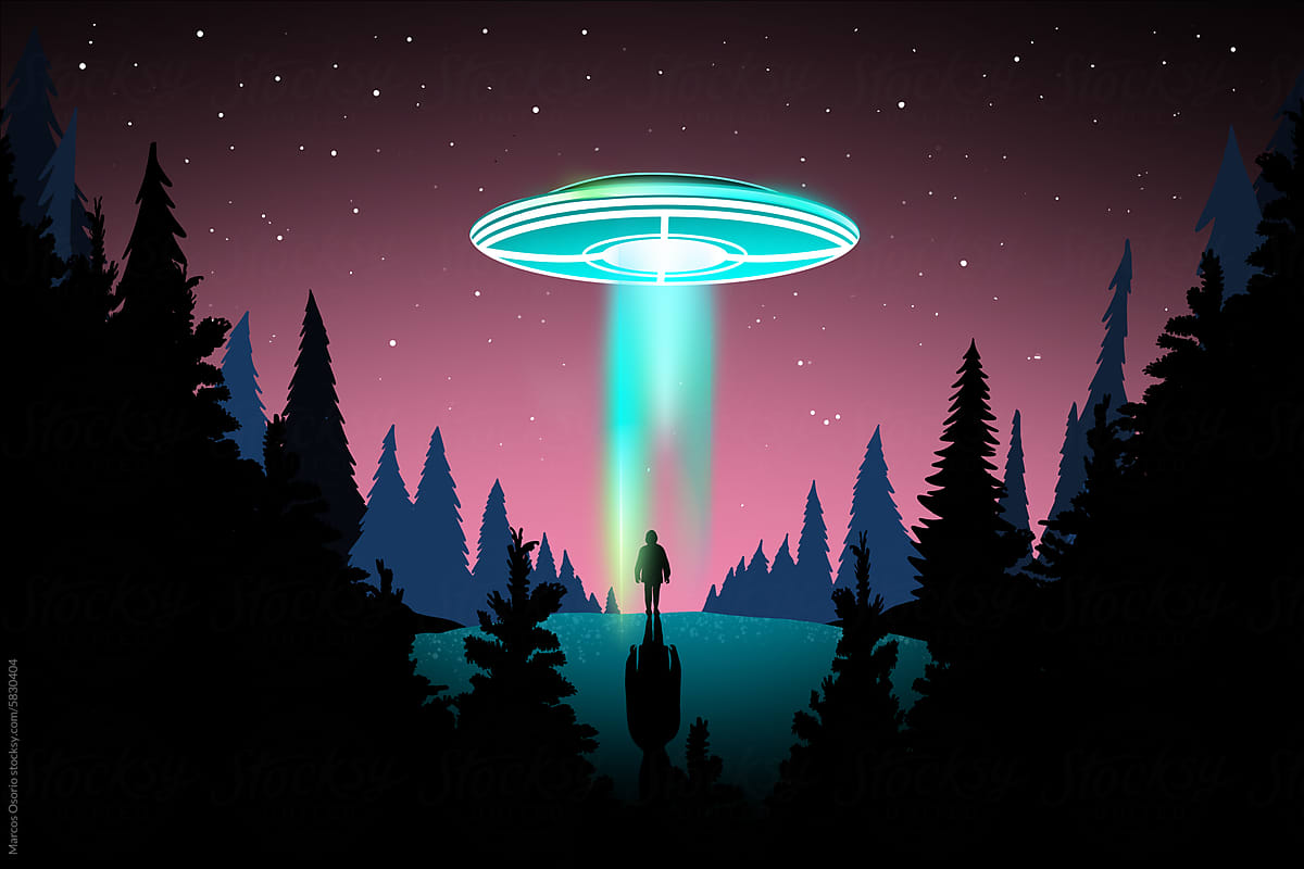 A man standing in front of a forest under a neon green alien ship