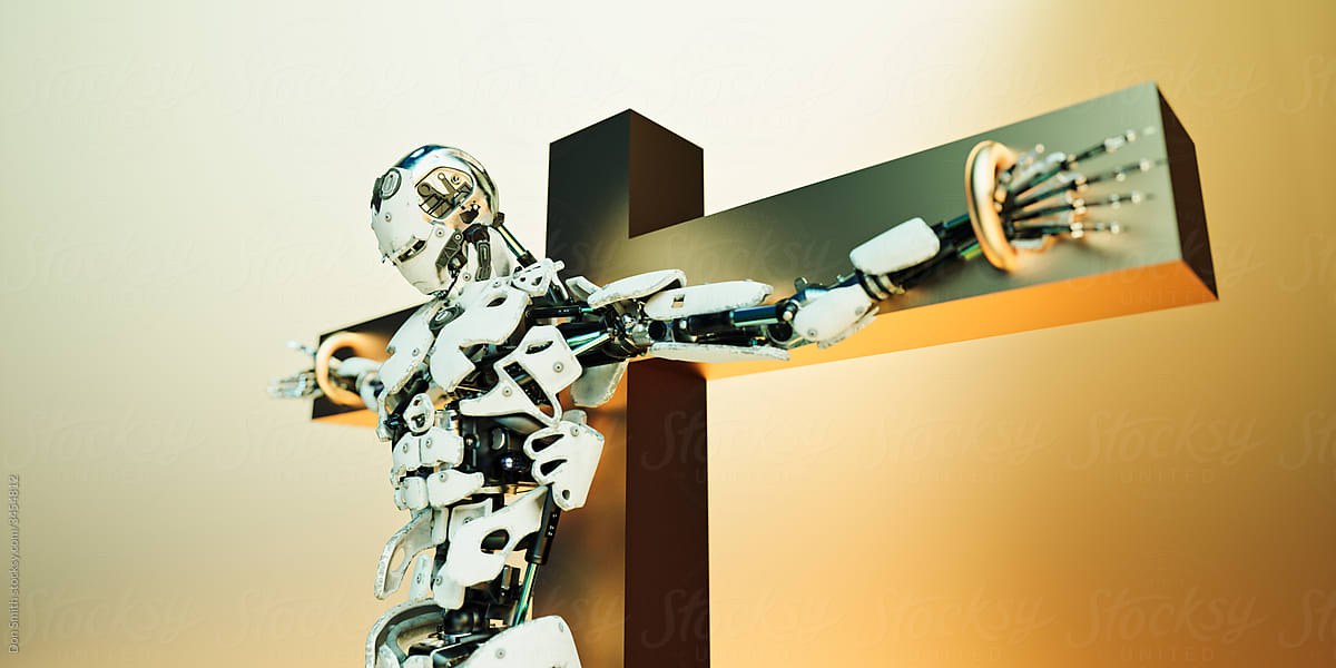 Technology crucifiction, robot on golden cross