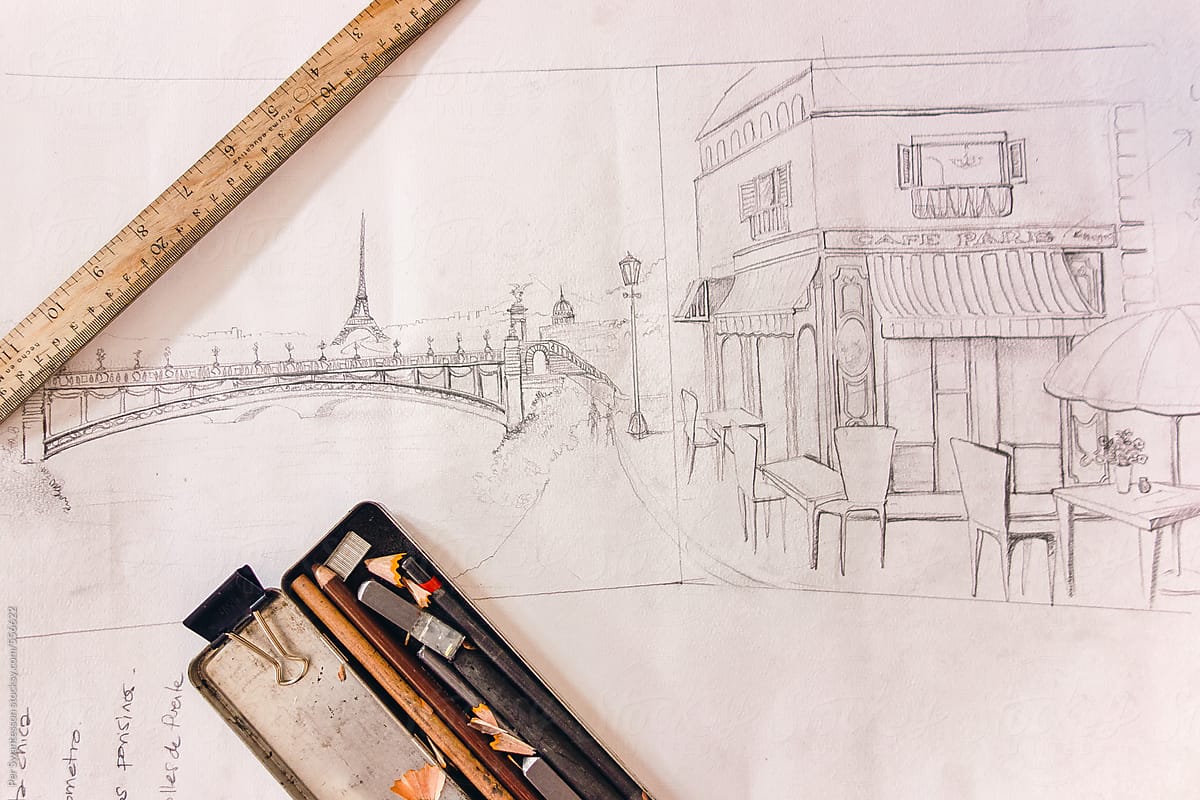 Artist\'s sketch drawings of Paris Eiffel Tower