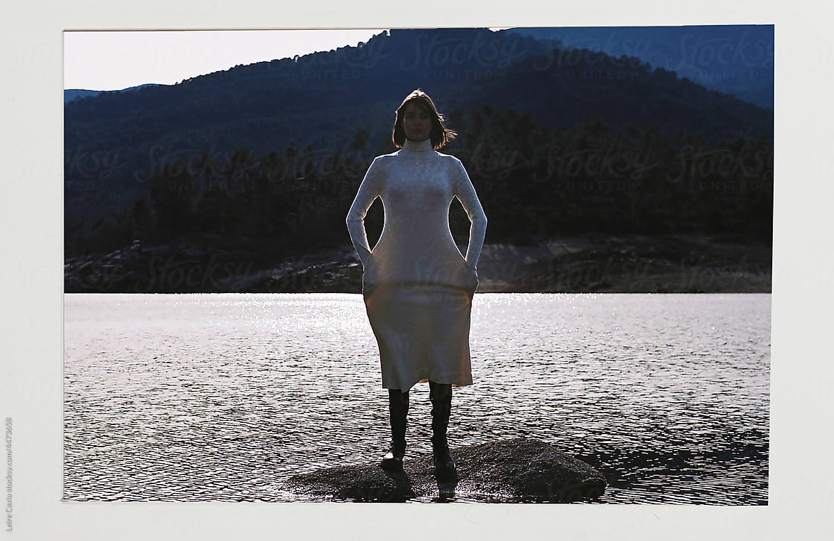 Analogical photo of a fashion editorial by the lake