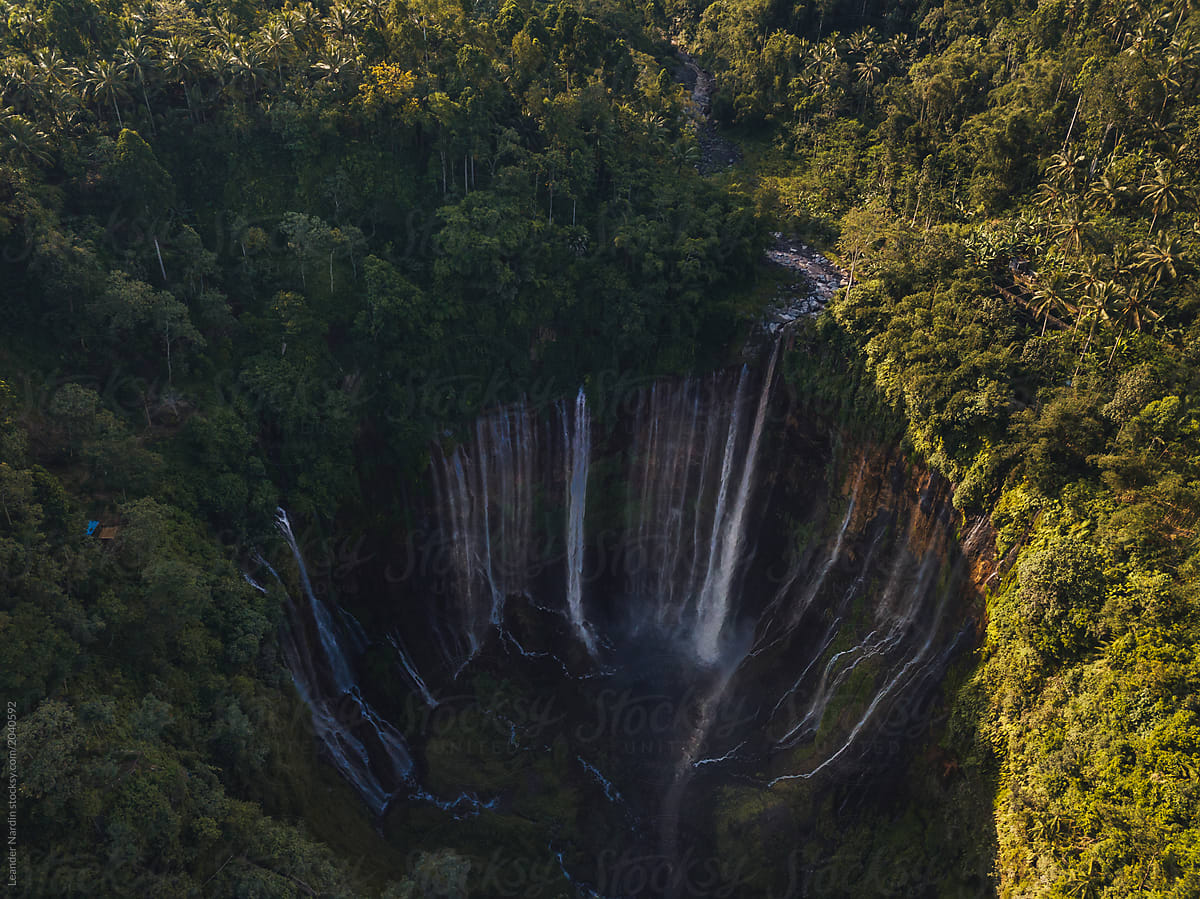 huge waterfall in tropical lush jungle from above