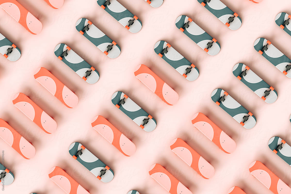 large pattern of colorful skateboard on pink background