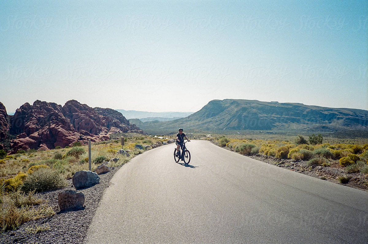 Man riding an electric bike through the Mojave desert