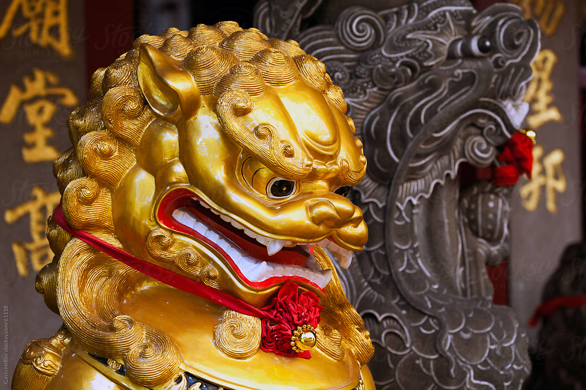 Detail of Chinese Temple lion statue, Chinatown, Singapore, South East Asia