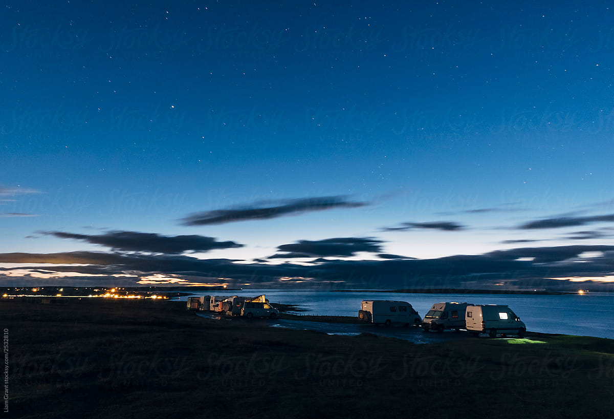 Camper vans parked for the night at Duncansby Head. Highlands, Scotland, UK.