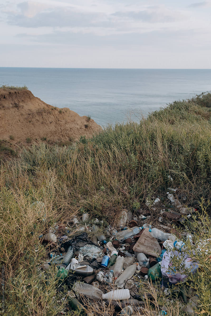 pile of garbage in the grass against the background of the sea