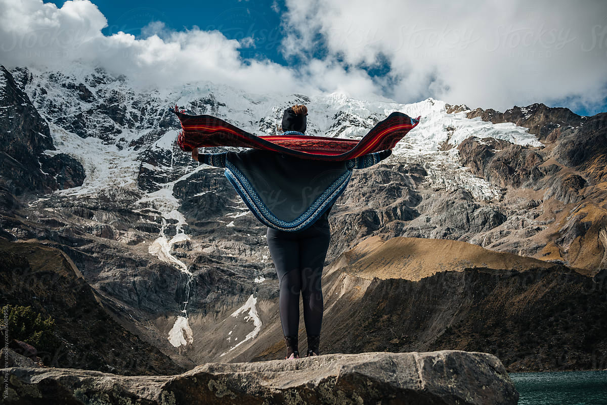 Tourist with Shawl by a Mountain Lake