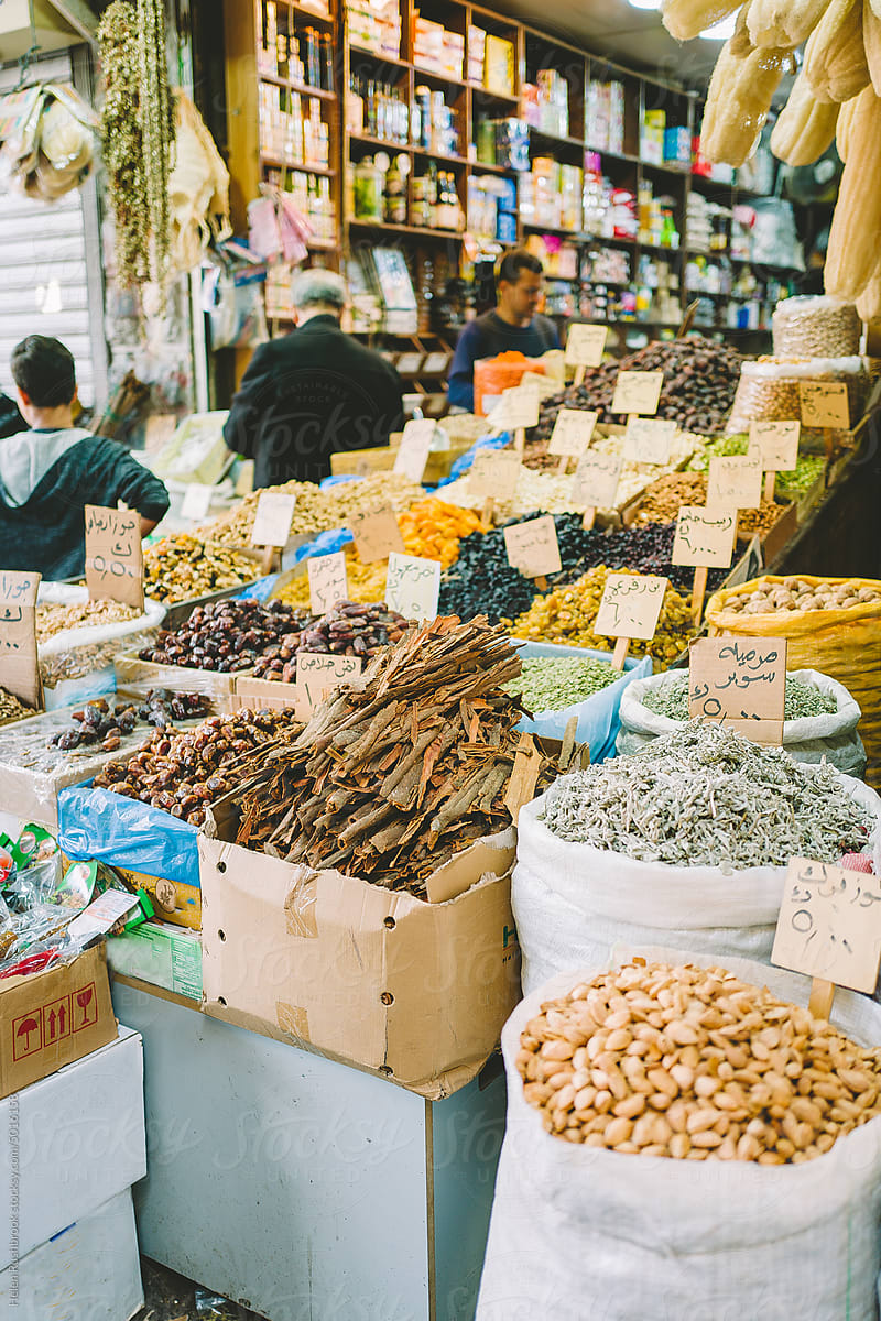 Dried fruit and spices for sale in a souk