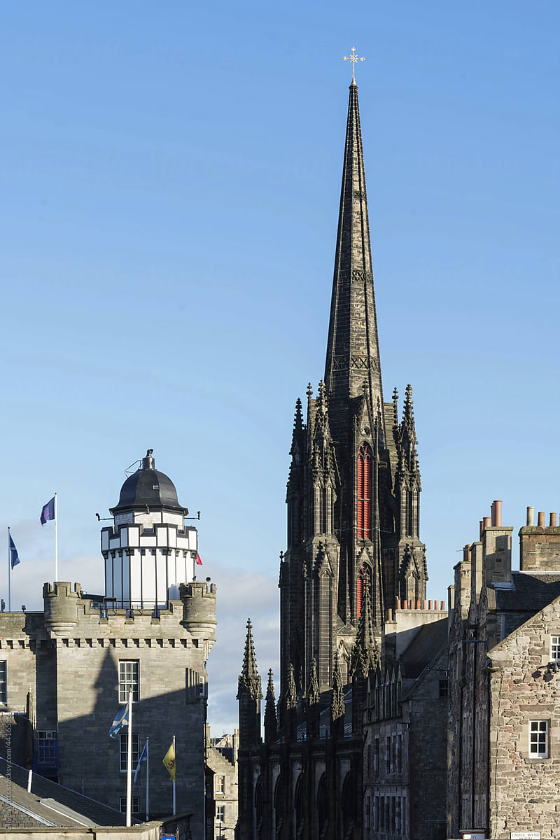 Edinburgh, the Camera Obscura and the Hub spire.