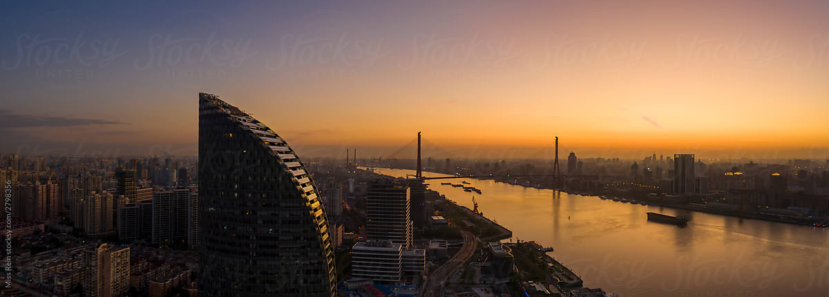 high angle view of city buildings during sunset,Shanghai