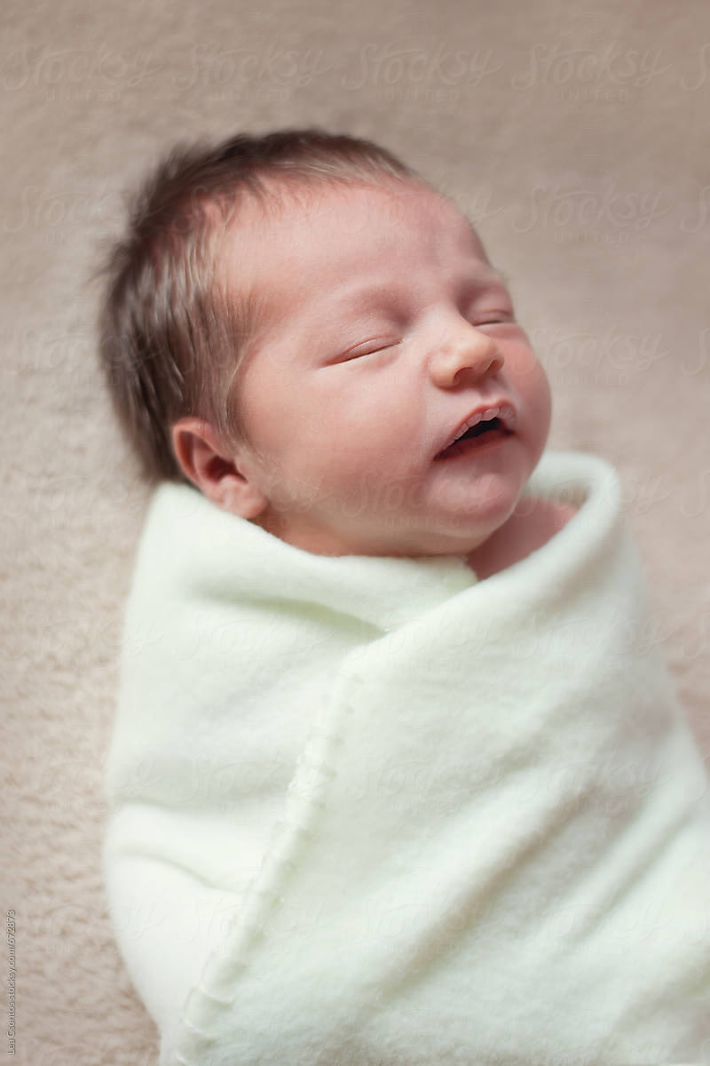 Gorgeous newborn baby wrapped in a blanket and sleeping