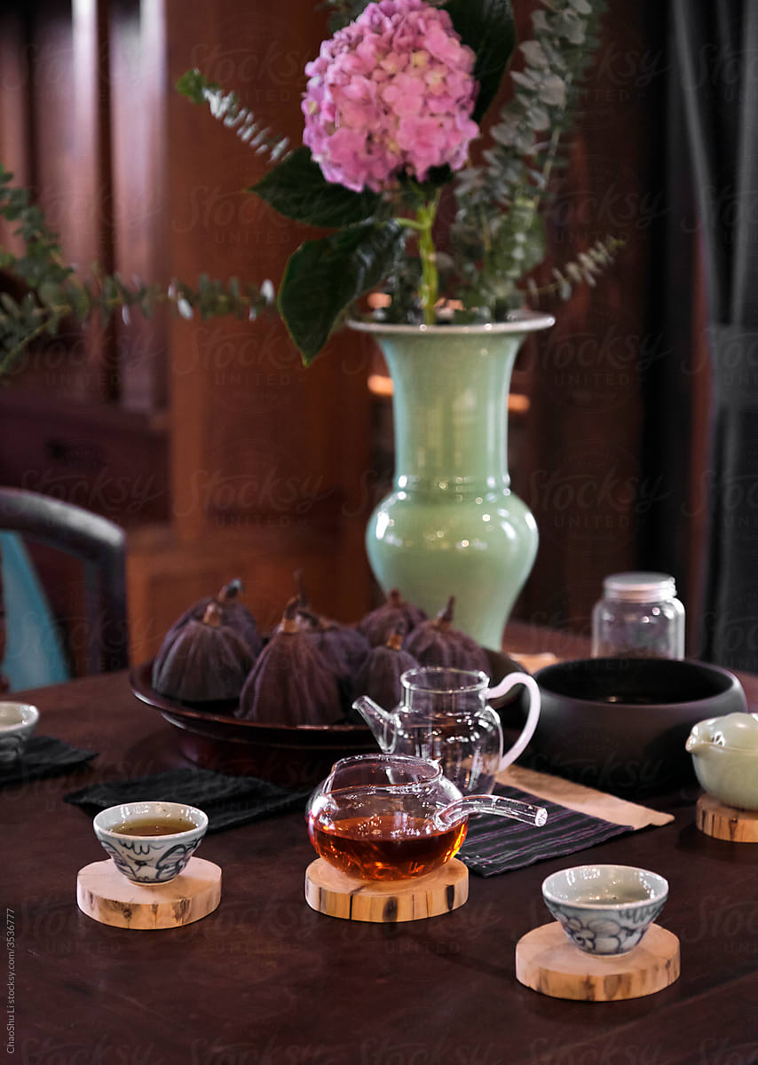closeup Chinese tea drinks and tea sets