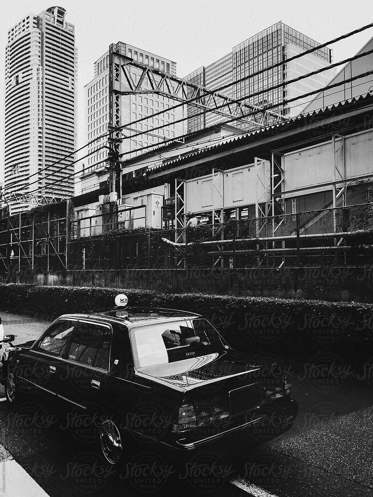 Black and White Shot of Parked Tokyo Taxi