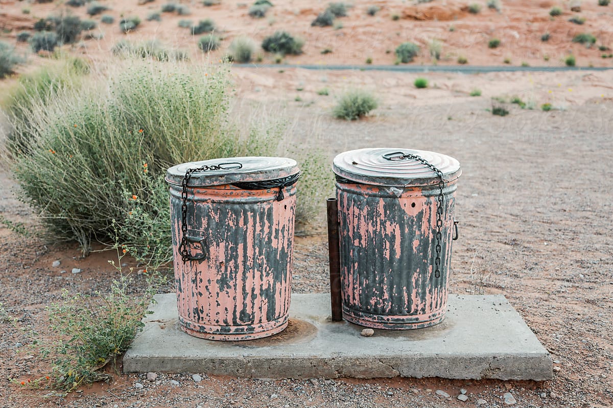 Two pink metal trash cans in the desert