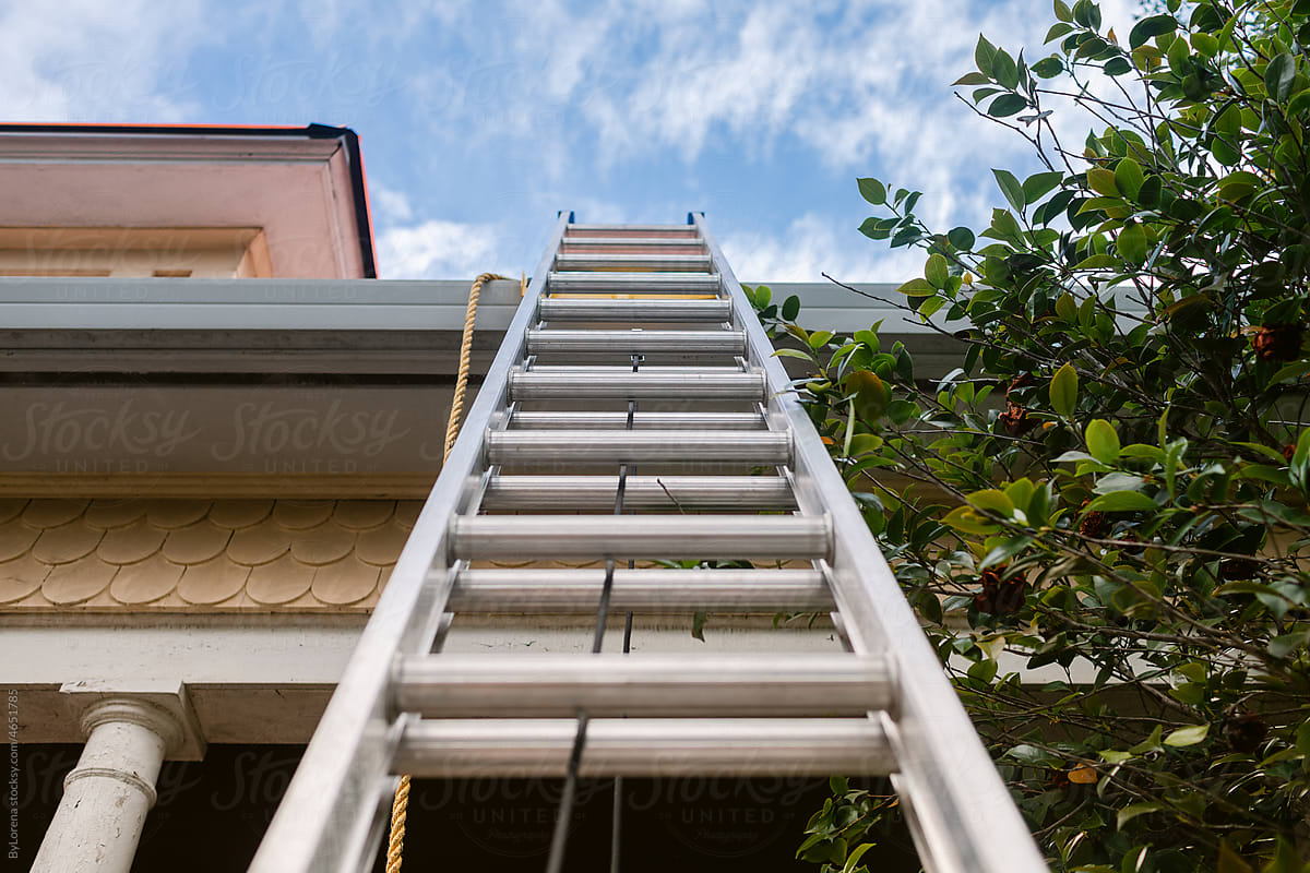 Industrial ladder to roof in construction at victorian house