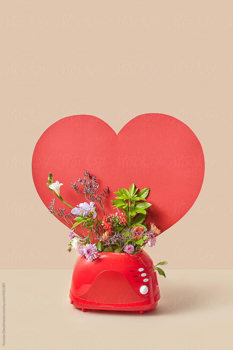 Red toaster with paper heart and spring flowers