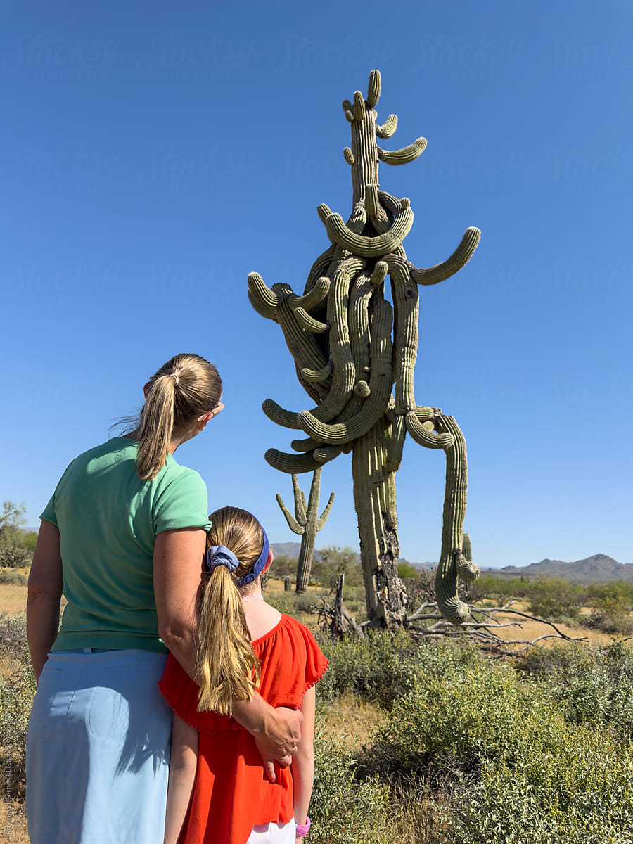 Mother Daughter looking saguaro cactus in Arizona family travel