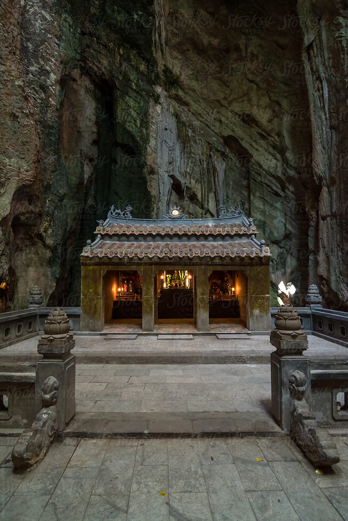Famous marble mountain cave with ancient temple