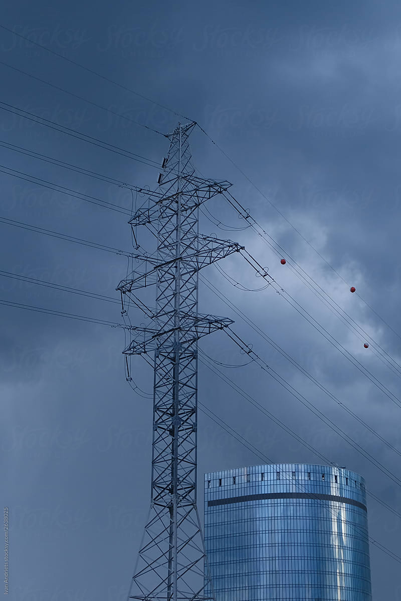 Cityscape of electrical tower and bussines center