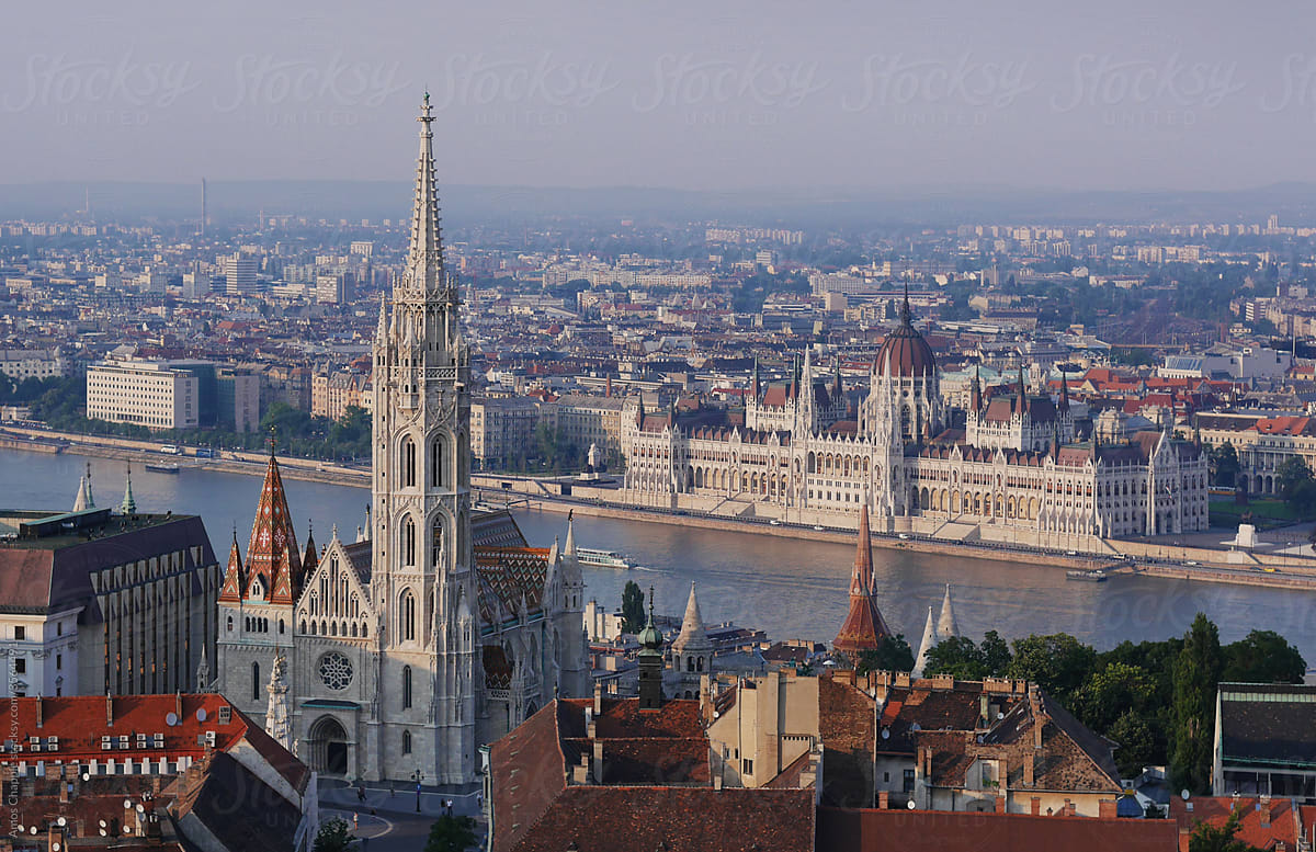 Overview of the historic center of Budapest, including the houses of parliament.