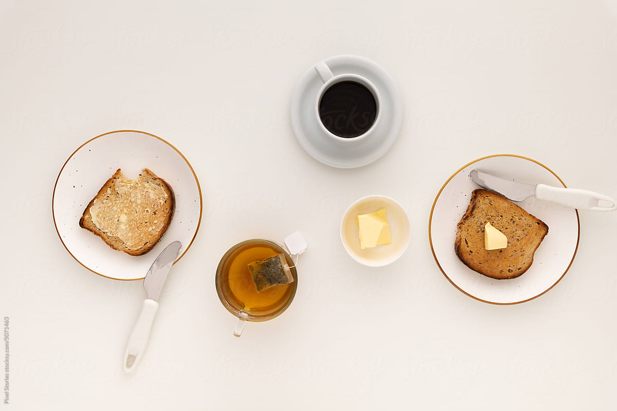 Food: Breakfast with toasts, butter, coffee and tea